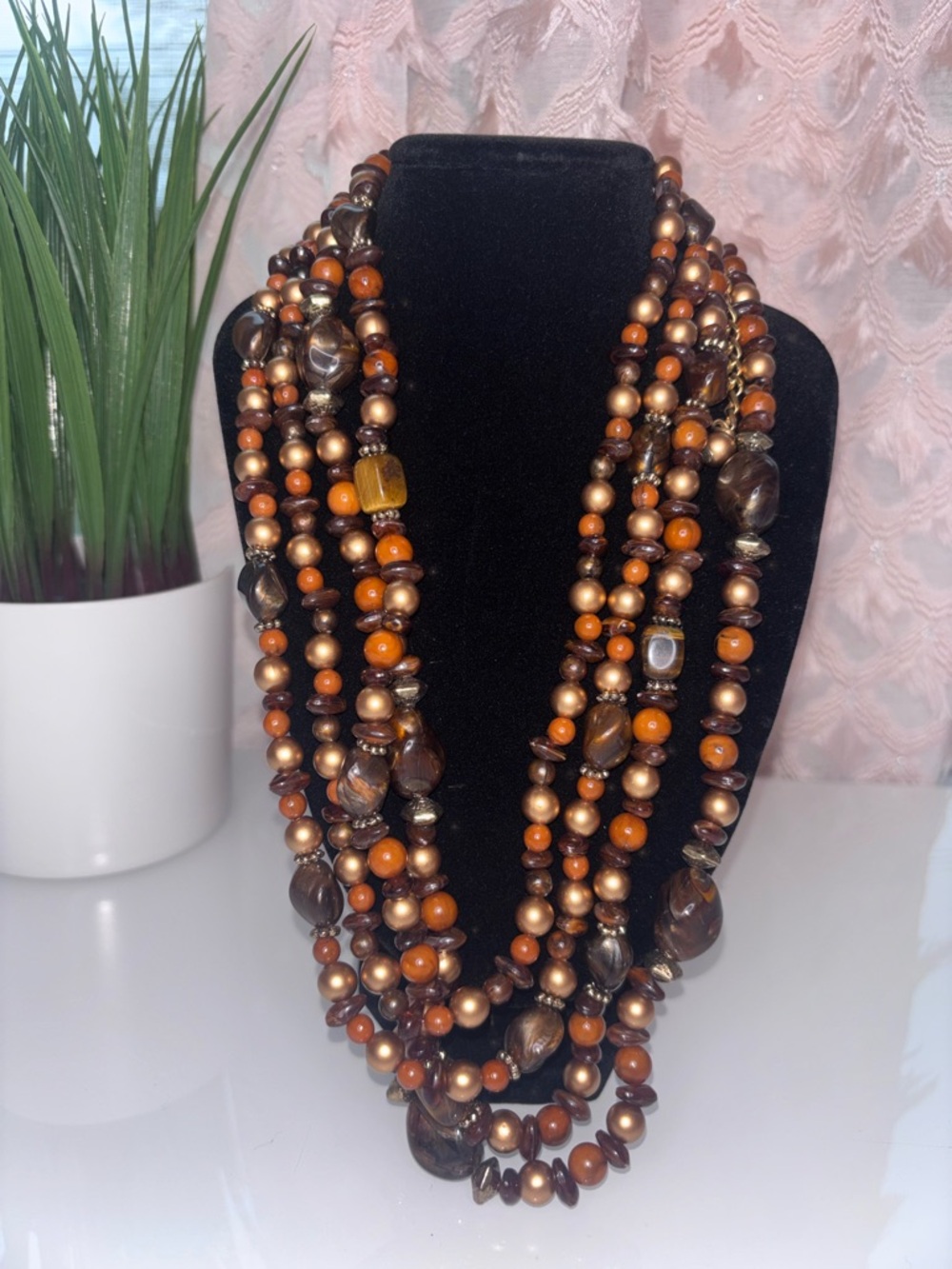 Multi Strand Beaded Statement Necklace Brown Gold Orange Boho Chunky